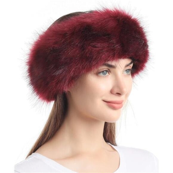 Faux Fur Headband with Elastic for Women's Burgundy - Picture 1 of 6